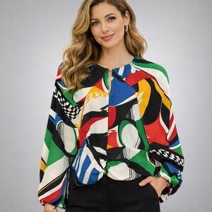 VTG Y2K Women Top XXL Colorful Abstract Flowy Slit Sleeve Statement Contemporary